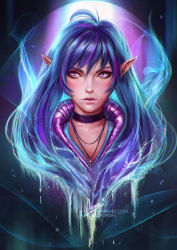 Rule 34 | 1girl, artist name, axsen, blue hair, choker, face, jewelry, lips, looking to the side, multicolored hair, neck, necklace, original, pink eyes, pointy ears, purple hair, signature, solo, two-tone hair, watermark, web address