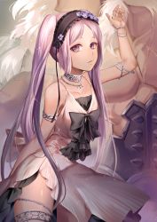 Rule 34 | 1boy, 1girl, arm up, armlet, armor, asterios (fate), bare shoulders, commentary request, cross scar, dress, euryale (fate), euryale (third ascension) (fate), fate/grand order, fate/hollow ataraxia, fate (series), hairband, head out of frame, headdress, jewelry, kesaharus, lolita hairband, long hair, looking at viewer, open mouth, parted lips, purple eyes, purple hair, scar, solo focus, thighlet, thighs, topless male, twintails, white dress, white hair