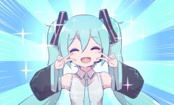 Rule 34 | 1girl, aqua hair, aqua necktie, bare shoulders, black sleeves, blue background, closed eyes, commentary, detached sleeves, double v, emotional engine - full drive, facing viewer, fate/grand order, fate (series), grey shirt, hair ornament, hatsune miku, headphones, headset, long hair, necktie, nejikyuu, open mouth, shirt, shoulder tattoo, sleeveless, sleeveless shirt, smile, solo, sparkle, sunburst, sunburst background, tattoo, twintails, upper body, v, very long hair, vocaloid