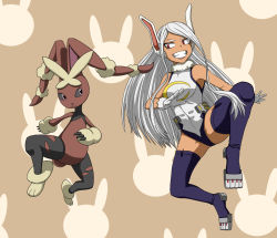 Rule 34 | 1girl, abs, animal ears, armpits, bare shoulders, blue thighhighs, boku no hero academia, breasts, clenched teeth, collared leotard, creatures (company), crescent moon, crescent print, crossover, dark-skinned female, dark skin, eyelashes, female focus, fighting stance, full body, fur collar, game freak, gen 4 pokemon, gen 6 pokemon, gloves, grin, highleg, highleg leotard, jumping, large breasts, legs, leotard, long eyelashes, long hair, looking at another, lopunny, mega lopunny, mega pokemon, mirko, moon, muscular, muscular female, nintendo, parted bangs, pokemon, pokemon (creature), rabbit ears, rabbit girl, red eyes, sidelocks, sleeveless, smile, teeth, thighhighs, thighs, trait connection, two-tone leotard, white gloves, white hair, white leotard, ysd2552