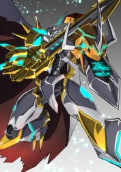 Rule 34 | absurdres, amakawa mayu, armor, blue eyes, cape, claws, digimon, digimon (creature), glowing, gradient background, green eyes, grey background, grey cape, highres, horns, no humans, omegamon, red cape, solo, spikes, sword, torn cape, torn clothes, two-sided cape, two-sided fabric, weapon