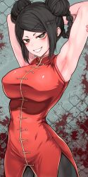 Rule 34 | 1girl, absurdres, armpits, arms behind head, black hair, black pants, blood, braid, breasts, chain-link fence, chinese clothes, commentary request, commission, double bun, fence, grin, hair bun, harurukan, highres, isshou senkin, large breasts, long hair, pants, pixiv commission, red shirt, ringed eyes, shirt, sleeveless, sleeveless shirt, smile, solo, swept bangs, yellow eyes, yuzuha lee