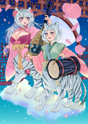 Rule 34 | 2girls, :d, animal ears, architecture, biwa lute, blue eyes, blunt bangs, breasts, centauroid, chinese zodiac, cleavage, commentary request, dress, drum, drumsticks, east asian architecture, facial mark, falling petals, fangs, flower, full body, full moon, green kimono, hair flower, hair ornament, highres, hirunemu (taurusvesta), holding, holding drumsticks, holding instrument, instrument, instrument request, japanese clothes, kimono, large breasts, long hair, looking at another, lute (instrument), monster girl, moon, multiple girls, night, night sky, on cloud, open mouth, original, petals, pink dress, pink flower, pink rose, pink sleeves, purple eyes, rose, short eyebrows, short hair, sidelocks, silver hair, sky, small breasts, smile, standing, standing on three legs, star (sky), starry sky, tail, taur, thick eyebrows, tiger ears, tiger tail, wide sleeves, year of the tiger
