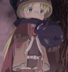 Rule 34 | 1girl, blonde hair, glasses, gloves, green eyes, helmet, highres, made in abyss, riko (made in abyss), screencap, smile, stitched, third-party edit, twintails