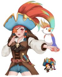 Rule 34 | 1girl, absurdres, bird, brown hair, denim, denim shorts, exarthuria, eyelashes, eyepatch, hat, highres, meme, mobile legends: bang bang, open mouth, parrot, pirate costume, pirate hat, red eyes, reference inset, ruby (mobile legends), shorts, smile, solo, thighs