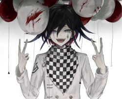 Rule 34 | 1boy, :d, balloon, black hair, blood, buttons, checkered clothes, checkered neckwear, checkered scarf, danganronpa (series), danganronpa v3: killing harmony, double-breasted, double v, gradient background, grey background, grey jacket, iumi urura, jacket, long sleeves, looking at viewer, male focus, open mouth, oma kokichi, purple eyes, purple hair, scarf, smile, solo, teeth, tongue, upper teeth only, v