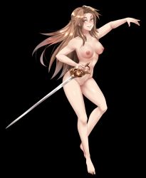 Rule 34 | 1girl, barefoot, black background, breasts, brown eyes, brown hair, cleft of venus, collarbone, commentary, english commentary, eyes visible through hair, female focus, full body, granblue fantasy, katalina (granblue fantasy), long hair, medium breasts, nipples, nude, outstretched arm, parted lips, pussy, simple background, smile, solo, sword, twrlare, uncensored, very long hair, warrior, weapon