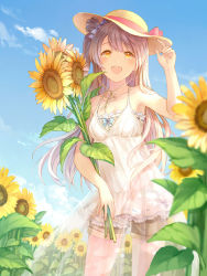 Rule 34 | 10s, 1girl, :d, bare shoulders, blush, bow, breasts, brown eyes, brown hair, cleavage, cloud, cloudy sky, day, dress, field, flower, flower field, hair bow, hat, long hair, looking at viewer, love live!, love live! school idol festival, love live! school idol project, minami kotori, one side up, open mouth, outdoors, rio.lw, see-through, sky, smile, solo, standing, sunflower, sunflower field, white dress