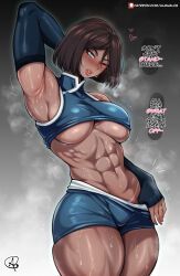 Rule 34 | 1girl, abs, absurdres, almualim, aqua eyes, arm up, armpits, avatar legends, bare shoulders, blue shorts, blush, breasts, brown hair, clothes pull, commentary, dark-skinned female, dark skin, detached sleeves, english commentary, english text, high collar, highres, korra, large breasts, mixed-language commentary, motion lines, muscular, muscular female, navel, one eye closed, patreon username, short hair, short shorts, shorts, shorts pull, signature, solo, speech bubble, standing, sweat, tan, tanline, the legend of korra, thick thighs, thighs, toned, underboob, watermark, web address
