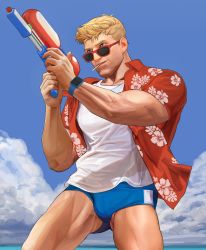 Rule 34 | 1boy, absurdres, biceps, blonde hair, blue male swimwear, blue swim briefs, cloud, cloudy sky, collared shirt, day, floral print, glasses, gluteal fold, highres, looking to the side, male focus, male swimwear, manly, mature male, muscular, muscular male, nez, open clothes, open shirt, overwatch, overwatch 1, shirt, sky, soldier: 76 (overwatch), solo, spiked hair, sunglasses, swim briefs, swimsuit, t-shirt, thick eyebrows, tight clothes, watch, water gun