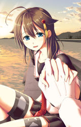 Rule 34 | 10s, 1girl, ahoge, anklet, black skirt, blue eyes, brown hair, crane (machine), gloves, hair flaps, hair ornament, hair over shoulder, hairpin, holding hands, harbor, interlocked fingers, jewelry, kantai collection, long sleeves, looking at viewer, mountain, necktie, open mouth, outdoors, pleated skirt, pov, pov hands, remodel (kantai collection), shigure (kancolle), short hair, sitting, skirt, smile, stairs, sunset, thigh strap, water, white gloves, yammy y