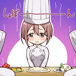 Rule 34 | 10s, 1girl, 3:, blush, brown eyes, brown hair, chef hat, chef, closed mouth, commentary, flower, food, fruit, gloom (expression), hair between eyes, hat, minagi (gogogo), plate, sakura quest, shinomiya shiori, solo focus, translation request