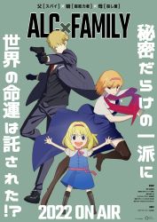 Rule 34 | 3girls, absurdres, alice margatroid, black eyes, black footwear, black gloves, black vest, blazer, blonde hair, blue dress, bois de justice, boots, brown footwear, capelet, closed mouth, commentary request, cookie (touhou), cross-laced footwear, dies irae, dress, expressionless, formal, full body, gloves, green background, grey jacket, grey pants, gun, hair over eyes, handgun, highres, hinase (cookie), holding, holding gun, holding weapon, ichigo (cookie), jacket, jigen (cookie), long sleeves, looking at viewer, multiple girls, necktie, open mouth, pants, pink sash, red necktie, sash, shinza bansho series, shirt, shoes, short hair, simple background, smile, spy x family, suit, thigh boots, tokkyuu chaba, touhou, translation request, very short hair, vest, weapon, white capelet, white shirt