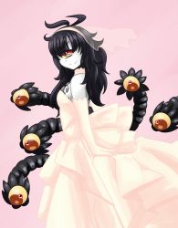Rule 34 | &gt;:), 1girl, alternate costume, artist request, bare shoulders, black hair, bow, bridal veil, colored sclera, colored skin, cyclops, dress, elbow gloves, extra eyes, from side, gazer (monster girl encyclopedia), gloves, long hair, looking at viewer, monster girl, monster girl encyclopedia, one-eyed, pink bow, red eyes, simple background, smile, solo, source request, tentacles, v-shaped eyebrows, veil, wedding dress, white dress, white gloves, white skin, yellow sclera
