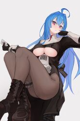 Rule 34 | 1girl, ahoge, alternate costume, ass, azur lane, black gloves, black leotard, black skirt, blue hair, boots, breasts, brown footwear, brown pantyhose, card, clothing cutout, commentary request, cosplay, gloves, hair between eyes, hand up, helena (azur lane), high heel boots, high heels, highres, holding, holding card, leotard, long hair, long sleeves, looking at viewer, marco polo (azur lane), marco polo (azur lane) (cosplay), marco polo (the queen of hearts) (azur lane), marshall k, medium breasts, outstretched arm, pantyhose, partial commentary, purple eyes, showgirl skirt, sidelocks, simple background, skirt, sleeve cuffs, solo, squatting, thigh strap, underboob, underboob cutout, white background