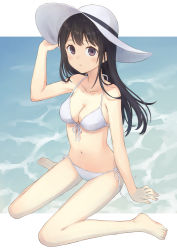 Rule 34 | 104, 1girl, bare arms, bare legs, barefoot, bikini, black hair, breasts, brown eyes, cleavage, collarbone, commentary request, feet, female focus, hand on headwear, hat, highres, letterboxed, long hair, looking at viewer, medium breasts, navel, original, parted lips, side-tie bikini bottom, simple background, sitting, solo, sun hat, swimsuit, toes, wariza, white bikini, white hat