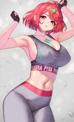 Rule 34 | 1girl, absurdres, bare shoulders, blush, breasts, chest jewel, cleavage, collarbone, dangle earrings, earrings, fingerless gloves, gloves, highres, jewelry, large breasts, looking at viewer, navel, pants, pyra (xenoblade), red eyes, red hair, santa (sunflower), short hair, solo, sports bra, swept bangs, thighs, tiara, xenoblade chronicles (series), xenoblade chronicles 2, yoga pants