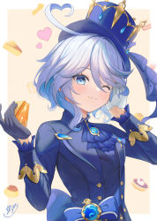 Rule 34 | 1girl, ;), ahoge, ascot, asymmetrical gloves, black gloves, black shirt, blue ascot, blue eyes, blue hair, blue hat, blue jacket, brooch, cake, commentary, food, furina (genshin impact), genshin impact, gloves, hands up, hat, heart, heart ahoge, highres, holding, holding food, jacket, jewelry, long sleeves, looking at viewer, mismatched gloves, one eye closed, shirt, short hair, smile, sola num 5130, solo, top hat, upper body, white gloves