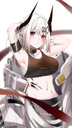 Rule 34 | 1girl, :t, arknights, armband, armpits, arms behind head, arms up, bandages, bare shoulders, black choker, blurry, blush, breasts, chest sarashi, choker, commentary, cowboy shot, crop top, depth of field, eix2, english commentary, groin, highres, horns, infection monitor (arknights), large breasts, long hair, looking at viewer, material growth, midriff, mudrock (arknights), mudrock (elite ii) (arknights), navel, oripathy lesion (arknights), pointy ears, red eyes, sarashi, simple background, solo, sports bra, standing, stomach, white background, white hair
