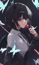 Rule 34 | 1girl, absurdres, black choker, black hair, black jacket, breasts, bug, butterfly, candy, choker, collared shirt, demon girl, demon horns, demon tail, demon wings, earrings, food, from side, glasses, grey-framed eyewear, hand up, highres, holding, holding candy, holding food, holding lollipop, horns, ichinose uruha, ichinose uruha (6th costume), insect, jacket, jewelry, kiss, lollipop, long sleeves, looking at viewer, looking to the side, medium breasts, mini wings, necktie, off shoulder, open clothes, open jacket, purple eyes, round eyewear, shirt, short hair, solo, tail, tail raised, toi1et paper, upper body, virtual youtuber, vspo!, white shirt, wings