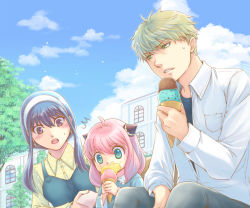 Rule 34 | 1boy, 2girls, anya (spy x family), black hair, blonde hair, blue shirt, blush, breasts, brown eyes, building, child, cloud, family, food, food on face, green eyes, grey pants, hair between eyes, hair up, hairband, hairpods, holding, holding food, holding ice cream, ice cream, ice cream cone, ice cream on face, layered shirt, long hair, long sleeves, looking at another, multiple girls, napkin, open mouth, outdoors, pants, parted lips, pink hair, shirt, short hair, sidelocks, spy x family, sweatdrop, teeth, tree, tsuki oto sena, twilight (spy x family), upper teeth only, white hairband, white shirt, window, yellow shirt, yor briar
