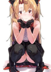 Rule 34 | 1girl, akatsuki uni, bare arms, bare shoulders, black dress, black footwear, black gloves, black panties, black thighhighs, blonde hair, blush, boots, closed mouth, commentary request, dress, fingerless gloves, gloves, hair between eyes, hair ornament, hairclip, hands up, knees together feet apart, lamb (hitsujiniku), long hair, looking at viewer, panties, parted bangs, pigeon-toed, shadow, sleeveless, sleeveless dress, smile, solo, squatting, thighhighs, two side up, underwear, uni create, very long hair, virtual youtuber, white background