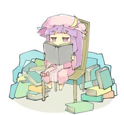 Rule 34 | 1girl, baron (x5qgeh), blue ribbon, book, bow, chair, commentary, crescent, dress, hat, hat ornament, hat ribbon, highres, holding, holding book, jitome, long hair, long sleeves, mob cap, patchouli knowledge, pink dress, pink hat, purple eyes, purple hair, reading, red bow, red ribbon, ribbon, sitting, solo, striped clothes, striped dress, touhou, white background, wide sleeves