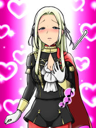 Rule 34 | 1girl, ascot, blonde hair, blue eyes, blush, breasts, cape, cleavage, deno (denomina0), edelgard von hresvelg, fire emblem, fire emblem: three houses, fire emblem fates, gameplay mechanics, gloves, heart, highres, long hair, long sleeves, musical note, my room, nintendo, pantyhose, parted lips, red cape, solo, stylus, uniform, white gloves