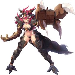 Rule 34 | 1girl, breasts, fang, foreshortening, full body, hair between eyes, highres, last origin, looking at viewer, maebari, mar10, navel, official art, pink hair, power suit, red eyes, skin fang, small breasts, solo, tachi-e, tiny tyrant (last origin), transparent background, tyrant (last origin)