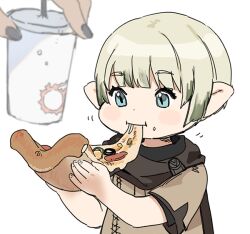 Rule 34 | 1boy, blue eyes, blush stickers, brown scarf, cup, disposable cup, eating, final fantasy, final fantasy xiv, food, gg dal, green hair, holding, holding food, holding pizza, lalafell, male focus, out of frame, pizza, pizza slice, pointy ears, scarf, short hair, short sleeves, simple background, slit pupils, solo focus, warrior of light (ff14), white background