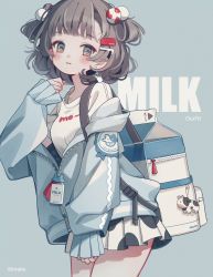 Rule 34 | 1girl, :3, absurdres, animal print, backpack, bag, bare legs, blue background, blue eyes, blue hoodie, blush, brown hair, clenched hand, commentary request, cow, cow print, cowboy shot, earrings, english text, hair bobbles, hair ornament, hairclip, hand up, highres, hood, hoodie, jewelry, charm (object), looking at viewer, milk carton, original, shiraho (color-56), shirt, short hair, simple background, sleeves past wrists, solo, two side up, white bag, white shirt, zipper, zipper pull tab