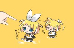 Rule 34 | 1boy, 1girl, blonde hair, blue eyes, brother and sister, chibi, crying, headphones, kagamine len, kagamine rin, nontao, siblings, simple background, translated, vocaloid