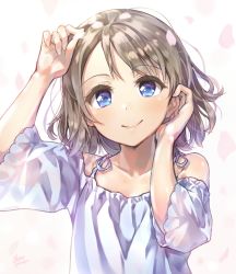 Rule 34 | 1girl, bad id, bad pixiv id, blue eyes, cherry blossoms, clothing cutout, collarbone, commentary request, grey hair, tucking hair, hands up, highres, looking at viewer, love live!, love live! sunshine!!, petals, short hair, shoulder cutout, signature, smile, solo, takenoko no you, upper body, watanabe you