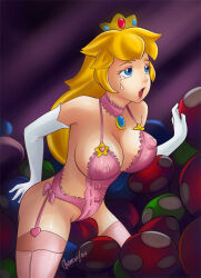 Rule 34 | 1girl, artist name, blonde hair, breasts, cleavage, covered erect nipples, glamourpink, large breasts, legs, lingerie, long hair, mario (series), mushroom, nintendo, open mouth, princess, princess peach, solo, super mario bros. 1, thighs, underwear