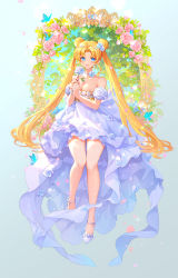 Rule 34 | 1girl, back bow, bare shoulders, bishoujo senshi sailor moon, blonde hair, blue butterfly, blue eyes, blush, bow, breasts, bug, butterfly, choker, cleavage, crescent, crescent facial mark, detached sleeves, double bun, dress, facial mark, falling petals, flower, flower choker, forehead mark, full body, gold teeth, gradient background, hair bun, hair flower, hair ornament, highres, holding, holding flower, insect, legs, long hair, looking at viewer, medium breasts, mushroommirror, nature, open mouth, own hands together, parted bangs, petals, pink flower, pink rose, princess serenity, rose, short sleeves, sidelocks, smile, solo, strappy heels, twintails, very long hair, white choker, white dress, white flower, white footwear