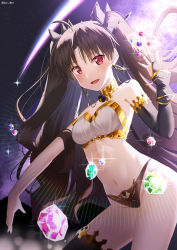 Rule 34 | 1girl, :d, absurdres, ahoge, aro 1801, backlighting, bare shoulders, bikini, black bikini, black hair, black thighhighs, bow, breasts, bridal gauntlets, collar, contrapposto, cowboy shot, earrings, fate/grand order, fate (series), gem, glint, gold trim, groin, hair bow, hand up, highres, hoop earrings, ishtar (fate), jewelry, long hair, looking at viewer, medium breasts, mismatched bikini, navel, open mouth, outstretched arm, red eyes, shooting star, single thighhigh, smile, solo, stomach, string bikini, swimsuit, thighhighs, thighs, two side up, very long hair, white bikini