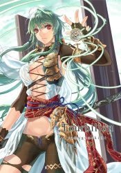 Rule 34 | 1girl, armor, breasts, cleavage, cover, cover page, energy, fingerless gloves, gloves, green hair, large breasts, long hair, navel, original, ran&#039;ou (tamago no kimi), red eyes, sash, scabbard, sheath, shorts, solo, talisman, torn clothes, very long hair