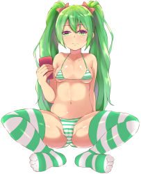 Rule 34 | 1girl, bad id, bad pixiv id, bare arms, bare shoulders, bow, breasts, cameltoe, collarbone, green eyes, green hair, hair between eyes, hair bow, highres, long hair, medium breasts, navel, no shoes, original, owafu, red bow, sidelocks, simple background, sitting, soles, solo, spread legs, striped clothes, striped thighhighs, thighhighs, twintails, very long hair, white background