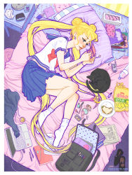 Rule 34 | 1girl, backpack, bag, bishoujo senshi sailor moon, bishoujo senshi sailor moon (first season), black cat, black footwear, blonde hair, blouse, blue eyes, blue sailor collar, blue skirt, bow, bracelet, cable, cat, chips (food), closed mouth, cloud print, computer, crescent moon, crumbs, doughnut, drawstring, earrings, flash drive, food, food bite, from above, from side, handheld game console, heart, heart print, highres, indoors, jacquelin de leon, jewelry, laptop, long hair, looking at screen, magazine (object), makeup, moon, nail polish bottle, nightstand, nintendo 3ds, notebook, on bed, paper, pencil, pillow, play, pleated skirt, potato chips, rain print, red bow, sailor collar, sailor moon, shirt, shoes, short twintails, skirt, socks, solo, star (symbol), star earrings, twintails, unworn shoes, very long hair, wand, watermark, web address, white shirt, white socks