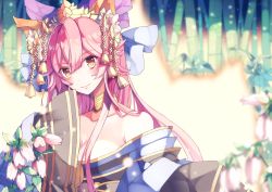 Rule 34 | 10s, 1girl, animal ears, bamboo, bamboo forest, bell, blue ribbon, breasts, cleavage, collarbone, crown, fate/extra, fate/grand order, fate (series), flower, forest, fox ears, fox tail, hair ribbon, hiyunagi, japanese clothes, jingle bell, large breasts, long hair, looking at viewer, nature, official alternate costume, pink hair, ribbon, solo, tail, tamamo (fate), tamamo no mae (fate/extra), tamamo no mae (third ascension) (fate), very long hair, yellow eyes