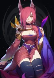 Rule 34 | 1girl, absurdres, animal ears, choker, dress, feathers, highres, league of legends, long hair, nail polish, one eye covered, pink hair, purple nails, smile, songjikyo, thighhighs, xayah, yellow eyes