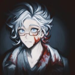 Rule 34 | 1boy, blood, blood in hair, blood on clothes, blood on face, closed mouth, glasses, grey sweater, highres, kanou aogu, lab coat, looking at viewer, male focus, portrait, saibou shinkyoku, semi-rimless eyewear, short hair, solo, sweater, v-neck, white hair, wide-eyed, z (xiannujiaomu172)