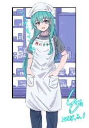 Rule 34 | 1girl, alternate costume, apron, aqua hair, blush, breasts, dated, grey shirt, hair ornament, hairclip, head scarf, highres, kantai collection, ld (luna dial398), long hair, looking at viewer, medium breasts, open mouth, pants, shirt, signature, small breasts, smile, solo, suzuya (kancolle)