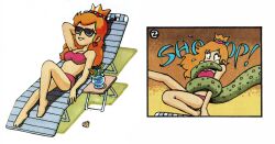 Rule 34 | 1girl, bare shoulders, bikini, blonde hair, breasts, chair, cleavage, comic, crown, drink, earrings, folding chair, full body, grabbing, jewelry, kidnapped, legs, long hair, mario (series), mouth covering, nintendo, official art, princess peach, seashell, shell, smile, sunglasses, super mario world, swimsuit, tentacles, vacation