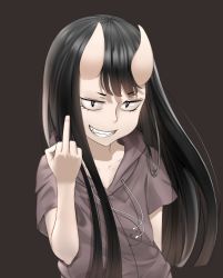 Rule 34 | 1girl, black background, black hair, braco, brown hoodie, commentary, commission, drawstring, english commentary, grin, hood, hood down, hoodie, horns, long hair, looking at viewer, middle finger, oddman 11, shizuhata chouko, simple background, sleeveless, sleeveless hoodie, smile, solo