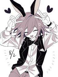 Rule 34 | 1boy, absurdres, animal ears, black bow, black bowtie, black vest, bow, bowtie, buttoned cuffs, buttons, closed eyes, danganronpa (series), danganronpa v3: killing harmony, dated, double v, fake animal ears, fang, grey pants, greyscale, heart, highres, long sleeves, male focus, monochrome, oma kokichi, open mouth, pants, shirt, smile, solo, teeth, urami0310, v, vest, white background, white shirt