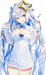 Rule 34 | 1girl, :d, absurdres, alternate hair length, alternate hairstyle, amane kanata, angel wings, blue bow, blue hair, blunt bangs, bow, breasts, cleavage, cleavage cutout, clothing cutout, covered navel, cowboy shot, dress, eyes visible through hair, hair ornament, hair ribbon, hairclip, halo, hands up, highres, holding, holding own hair, hololive, long hair, long sleeves, looking at viewer, medium breasts, multicolored hair, musical note, open mouth, parted lips, purple eyes, ribbed dress, ribbon, short dress, sidelocks, silver (chenwen), simple background, sleeves past wrists, smile, solo, sparkling eyes, star halo, streaked hair, swept bangs, thighhighs, thighs, turtleneck, two-tone hair, two side up, very long hair, virtual youtuber, white background, white dress, white hair, white thighhighs, white wings, wings, zettai ryouiki