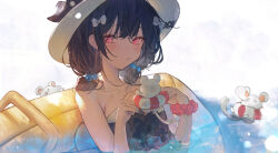 Rule 34 | 1girl, bare arms, bare shoulders, betabeet, black hair, blush, bow, buoy, closed mouth, collarbone, commentary, granblue fantasy, hair between eyes, hair bow, hands up, hat, highres, holding, innertube, looking at viewer, low twintails, mouse (animal), partially submerged, pool, red eyes, scrunchie, sleeping, solo, squeans, swim ring, twintails, upper body, vikala (granblue fantasy), white bow, wrist scrunchie