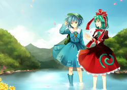 Rule 34 | 2girls, backpack, bad id, bad pixiv id, bag, blouse, blue footwear, blue hair, blue shirt, blue skirt, boots, bow, cloud, day, dress, female focus, flower, frilled dress, frilled ribbon, frilled shirt collar, frills, front ponytail, green eyes, green hair, hair bow, hair ornament, hair ribbon, tucking hair, hand in own hair, hat, highres, juliet sleeves, kagiyama hina, kawashiro nitori, key, lake, long sleeves, looking away, multiple girls, nature, nr (cerumia), nr (cmnrr), outdoors, own hands together, petals, pocket, puffy sleeves, red dress, red ribbon, ribbon, rubber boots, shirt, shoes, single boot, single shoe, skirt, sky, smile, touhou, two side up, wading, water, wind