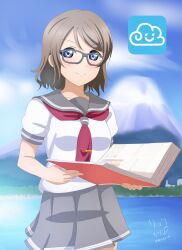 1girl blue_eyes book glasses looking_at_viewer love_live! love_live!_sunshine!! mountain necktie ocean outdoors sailor_collar school_uniform serafuku short_hair skirt smile solo watanabe_you water